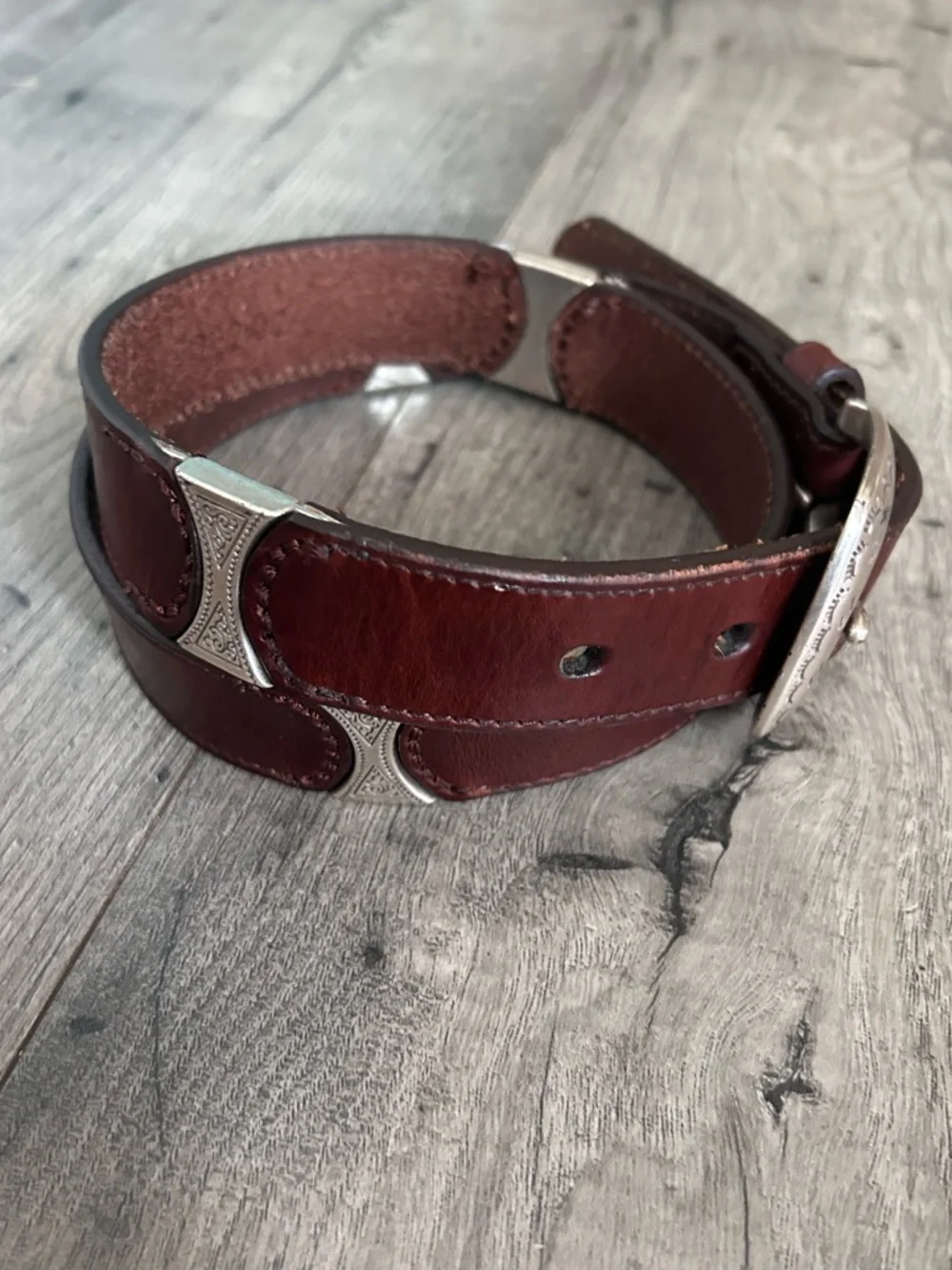 Fossil Brown Leather Belt Etched Silver Buckle & Accents